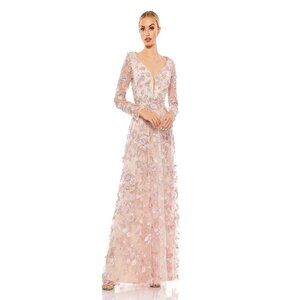 NEW Mac Duggal Floral Applique Long Sleeve Illusion Gown Rose Pink Dress Z71
